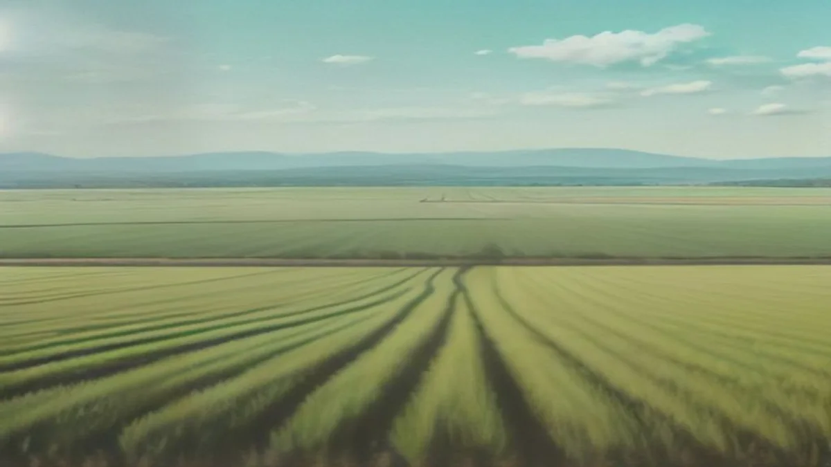 soft pastoral farmland with distant irrigation pivots under a wide pastel sky