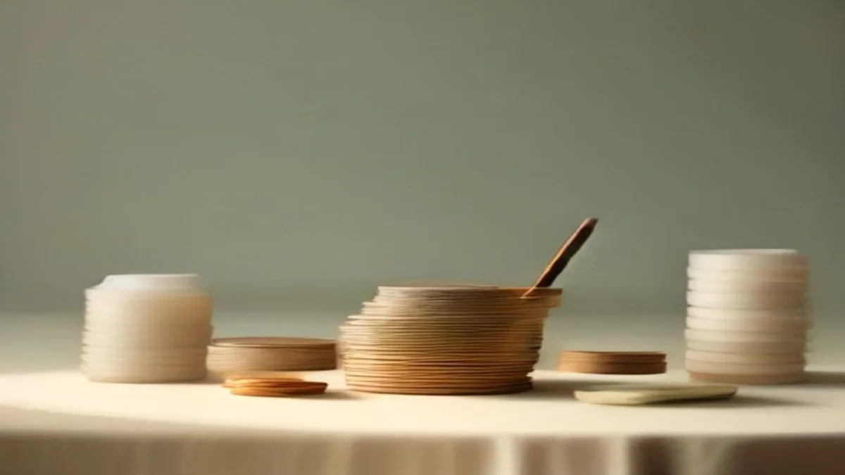 soft still life with stacked coins, a pen and linen drape in gentle light