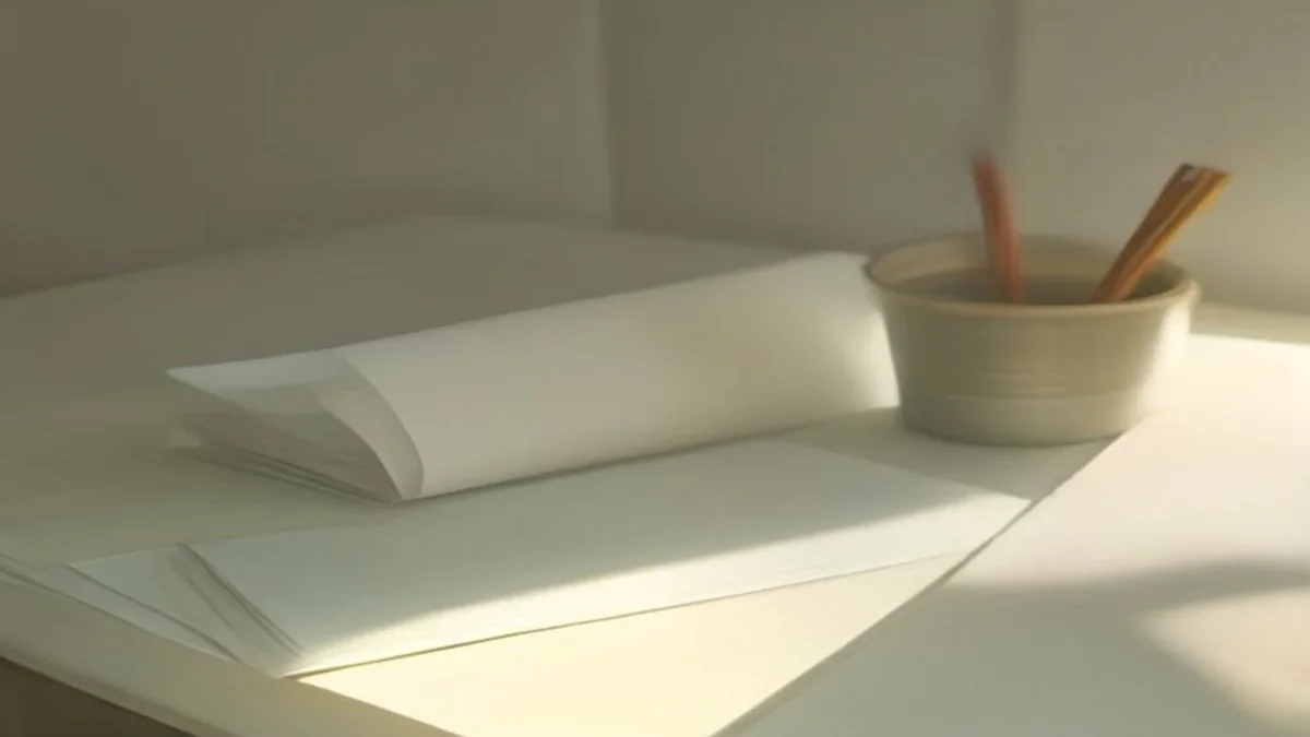 soft desk still life with open book, pencils and morning light