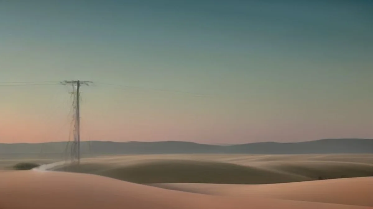 soft landscape with distant power lines and pastel horizon