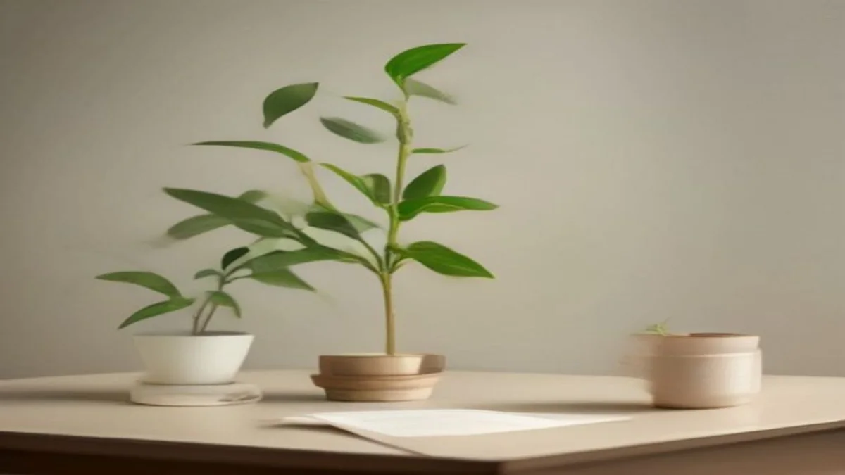 soft still life with coins, a small plant and a balance on a desk