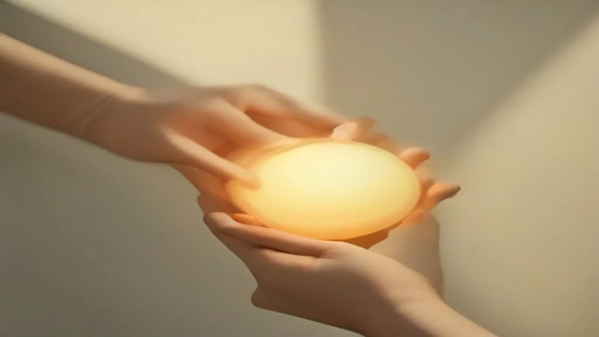 soft scene of hands passing a glowing orb between people in pastel light