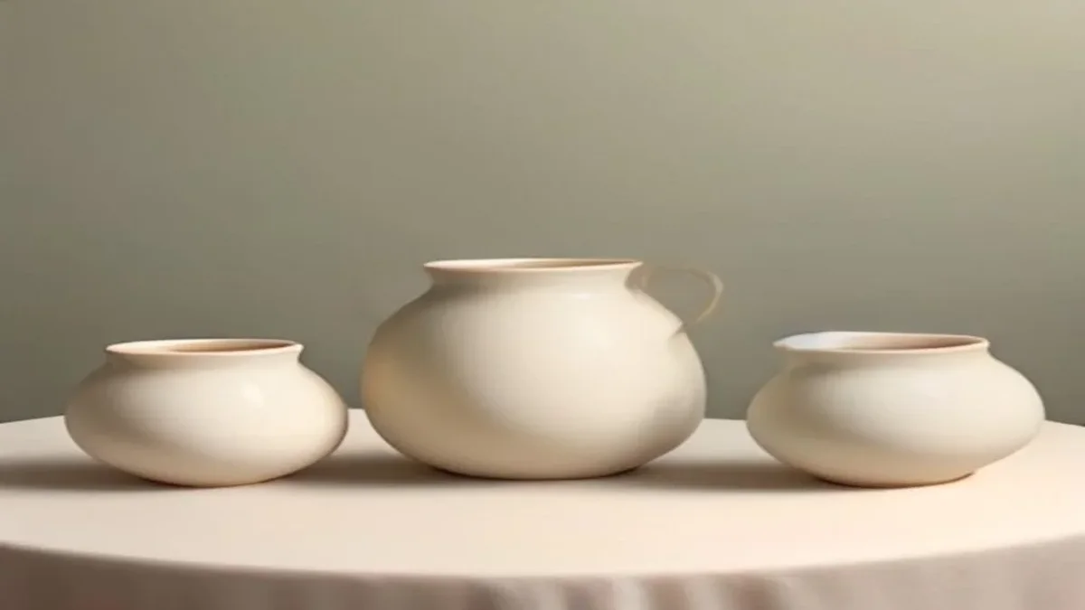Three ceramic vessels of different sizes resting together on a cream table in soft light.