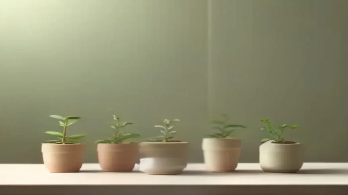 Seedlings sprouting in small terracotta pots on a windowsill in gentle morning light.