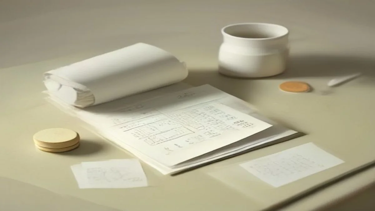 Soft still life of coins, a calculator and folded invoices on a cream desk in gentle light.