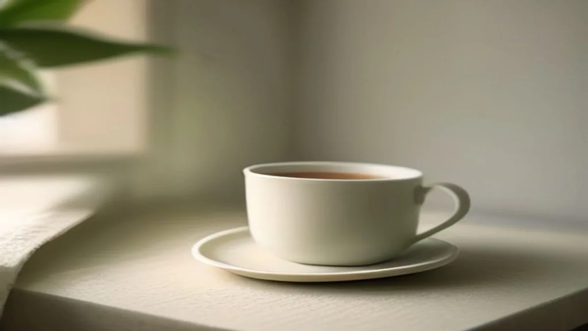 Soft still life of a phone resting on linen beside a cup in warm morning light.