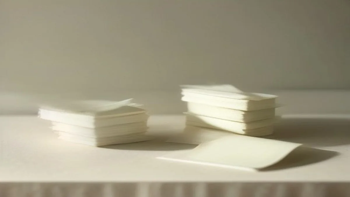 Soft still life of two small paper tags and string on a warm linen surface in gentle light.