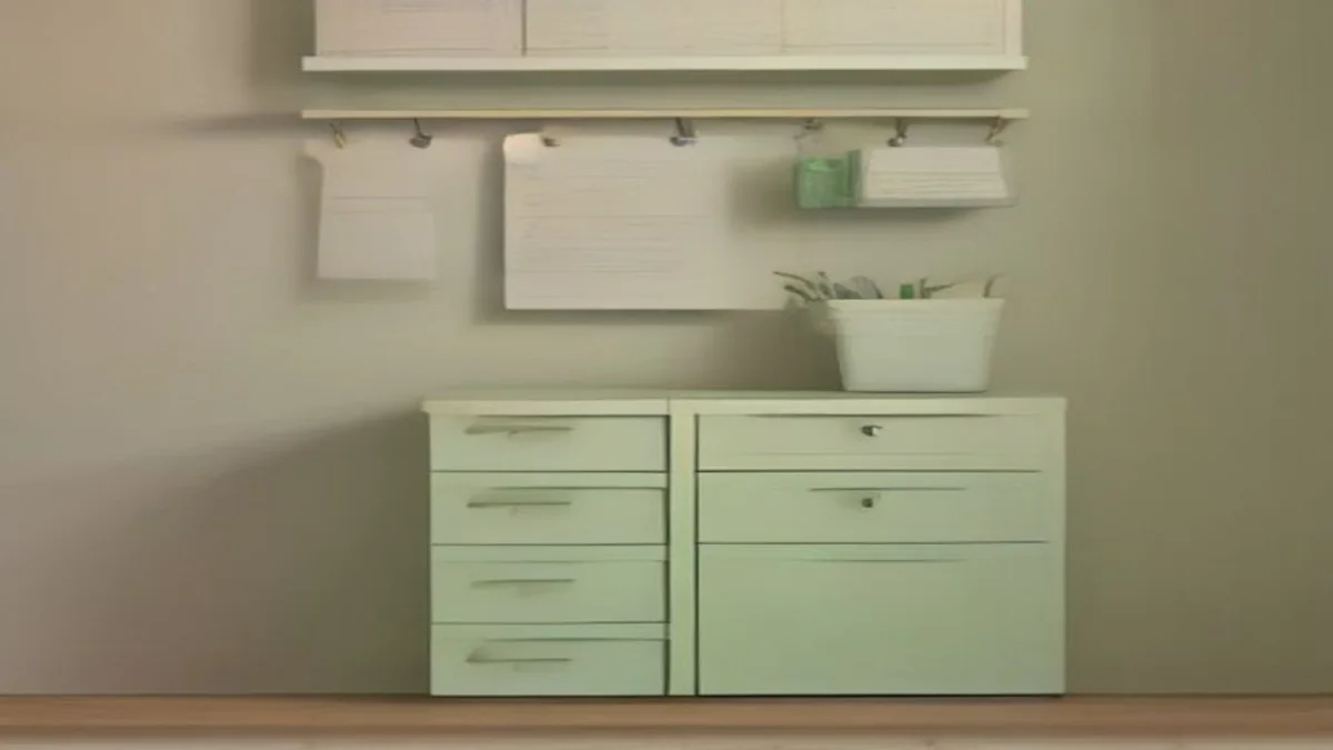 Soft rows of labeled pastel drawers and swatch cards arranged neatly on a workshop shelf.