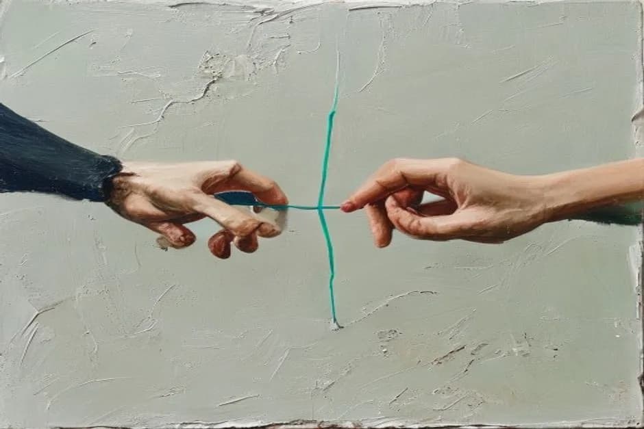 An oil painting of two pairs of hands collaborating over interface sketches, color swatches, and a laptop on a worn wooden studio table.