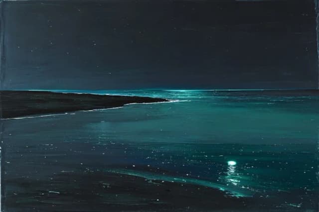 An oil painting of a dark Namibian coastline at night with one small teal signal light.