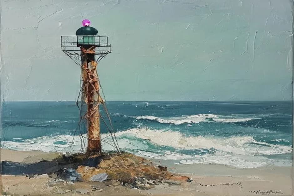 An oil painting of a solitary weathered signal mast on the Skeleton Coast shoreline at first light, with heavy impasto waves, dark volcanic rocks, and a tiny teal circular beacon at the mast top.