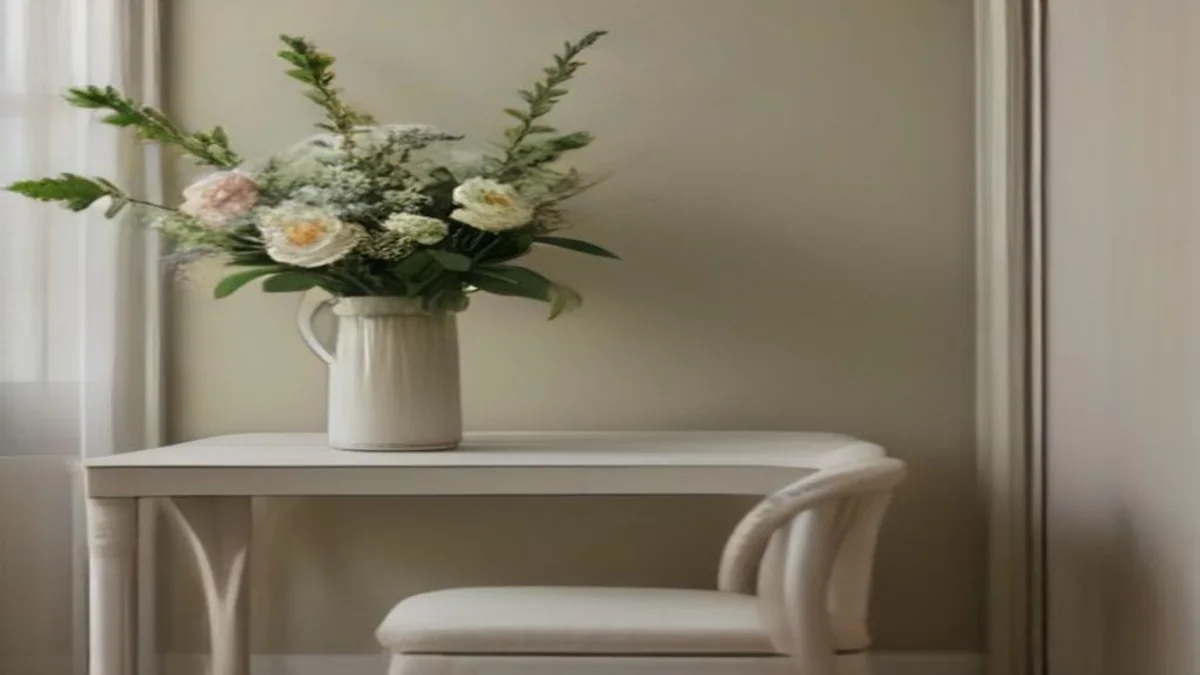 soft hotel lobby still life with a brass key, linen and flowers