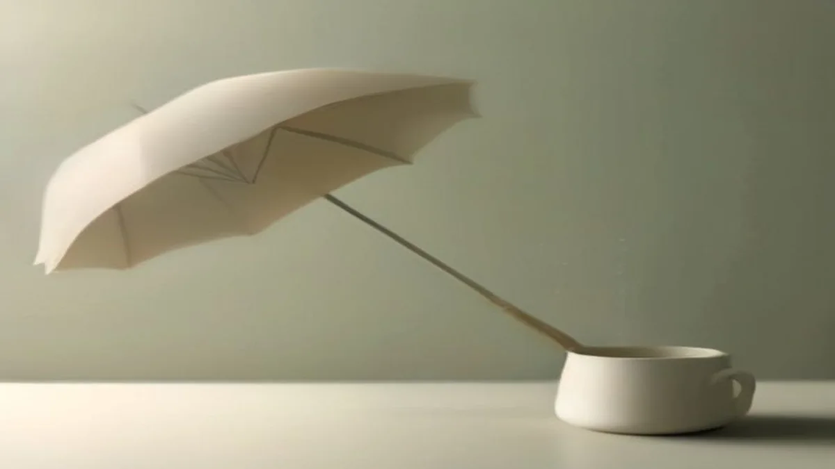 soft still life with an umbrella, documents and calm neutral tones