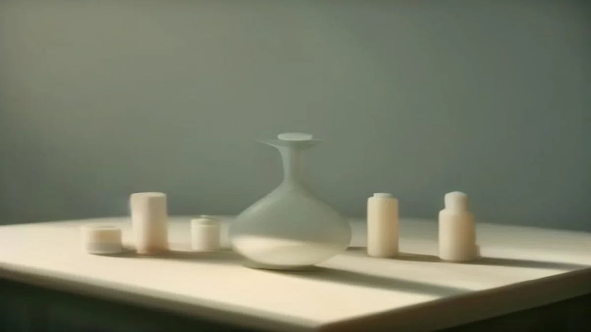 Soft scene of an hourglass and neatly arranged tools on a pale workbench in morning light.