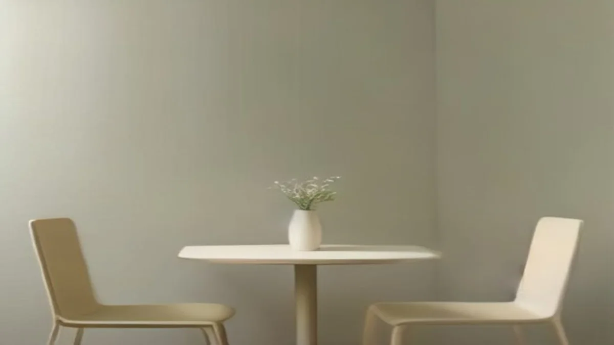 Soft scene of two chairs facing each other across a small table in calm pastel light.