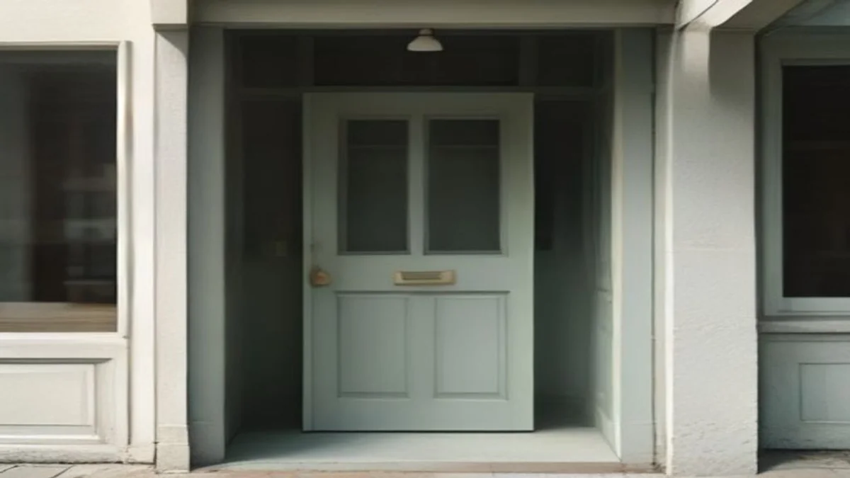 Soft scene of a small shopfront with a clear sign on a quiet pastel street.