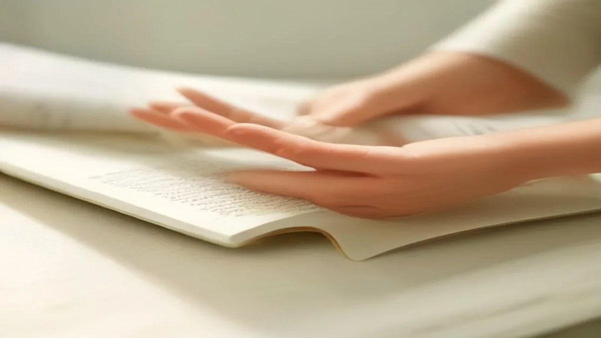 Soft close-up of hands reading a textured page with large clear type in gentle light.