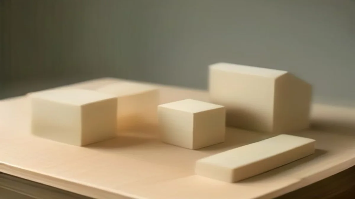 Soft still life of neatly stacked wooden blocks and a small tool on a workbench in warm light.