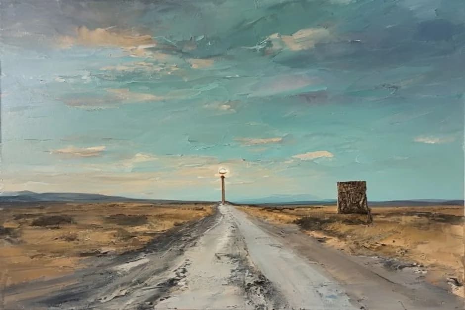 Oil painting of a Namibian desert road at dawn with a signal mast