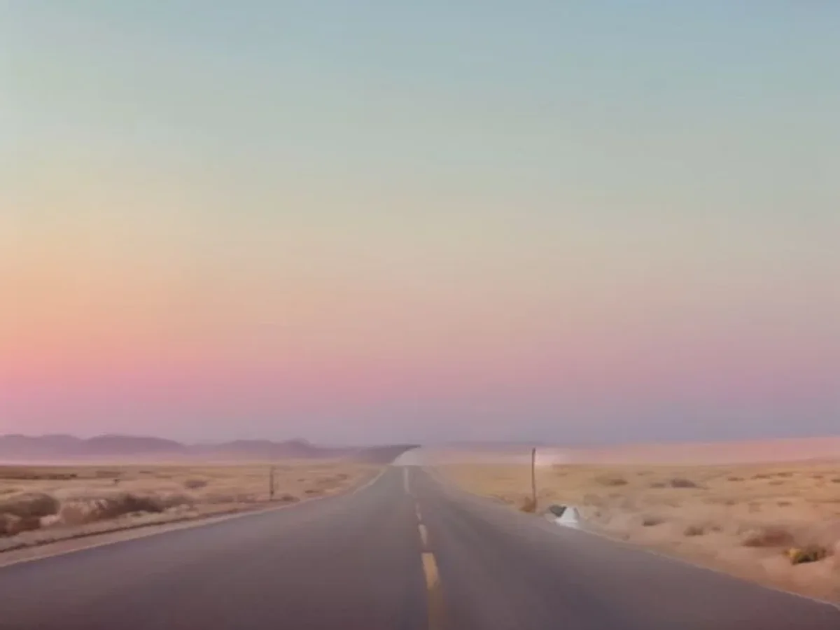 A lone desert road at dawn with a distant signal mast, in soft pastel light.