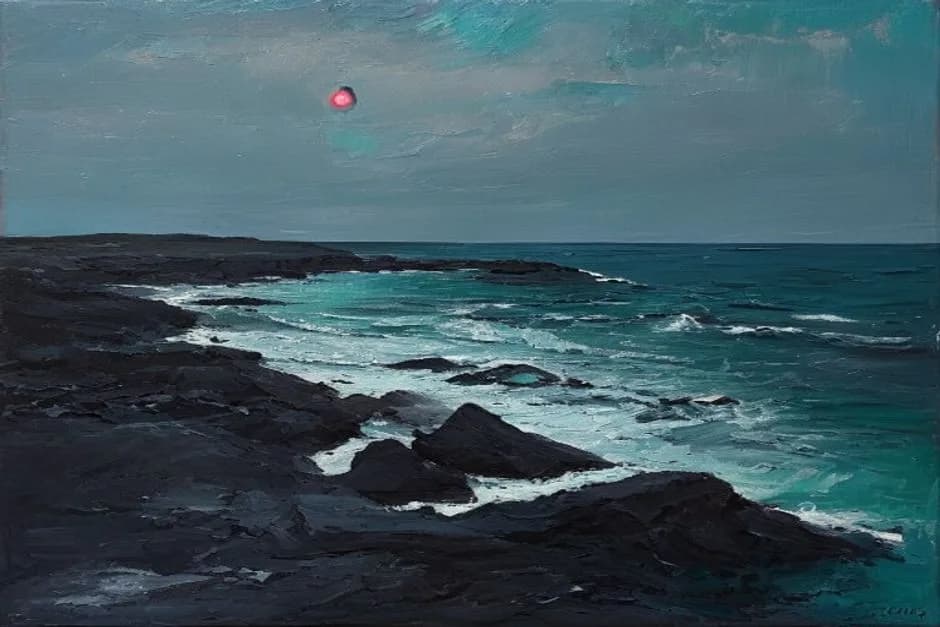 Oil painting of the Atlantic coastline with dark rocks and a teal signal light