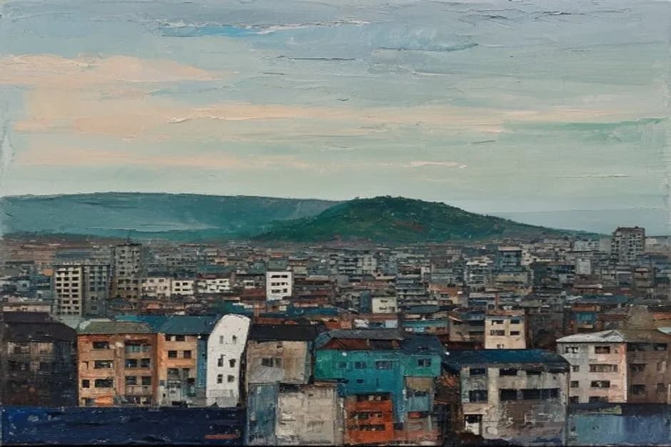 Oil painting of a Windhoek cityscape at early morning