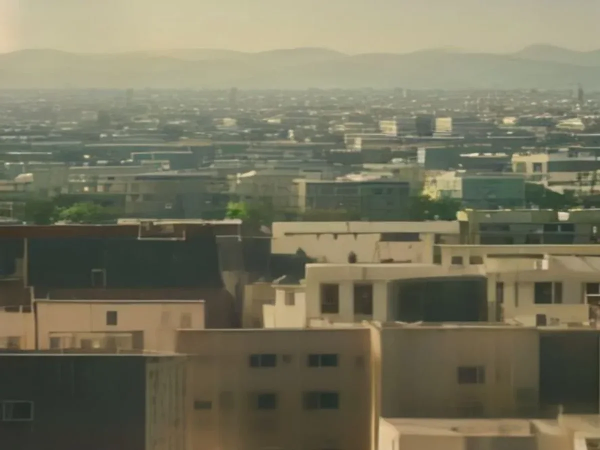 A Windhoek cityscape at early morning, rooftops and hills in soft pastel light.