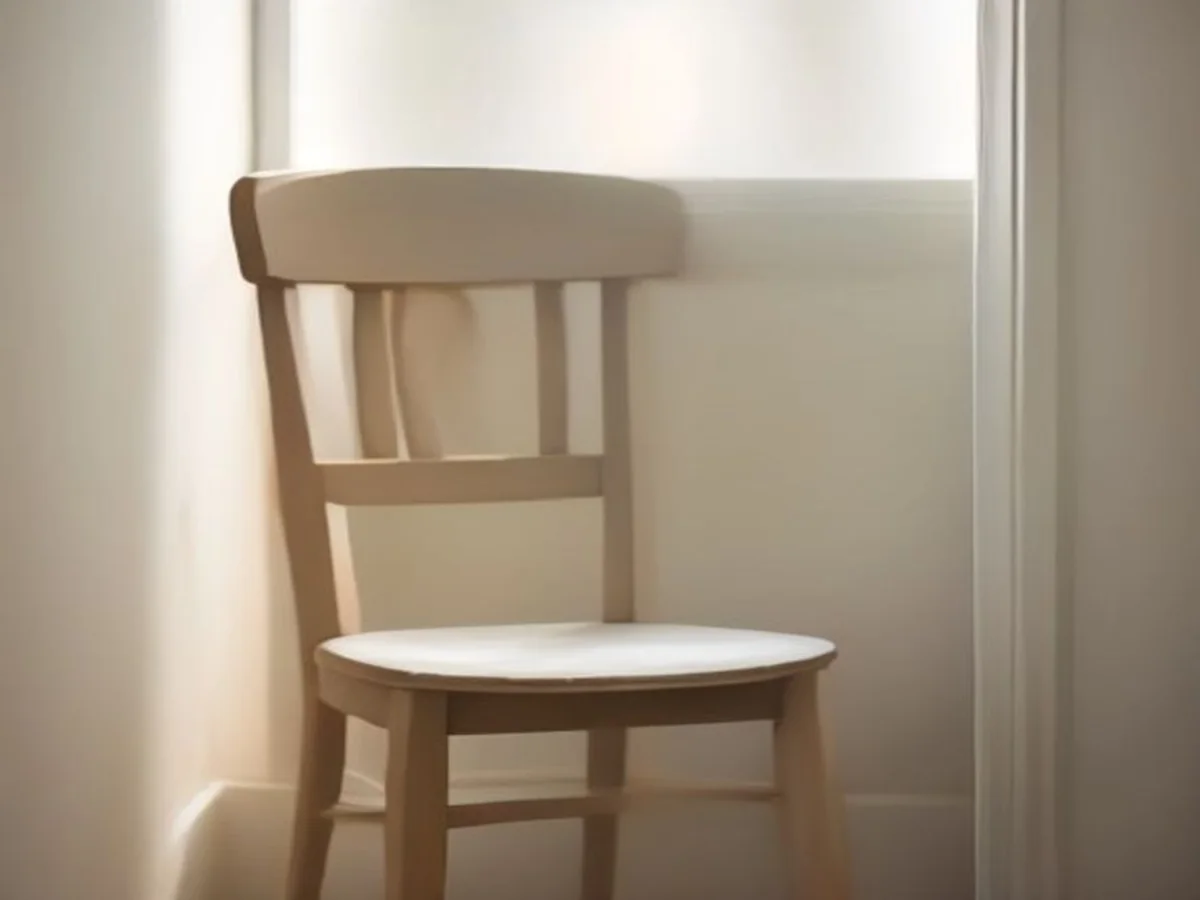 A single wooden studio chair in soft window light, a minimal oil painting.