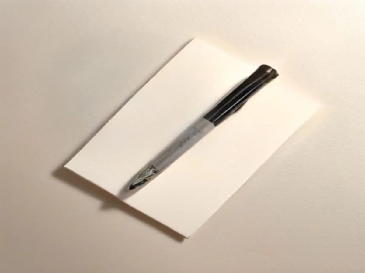 A single fountain pen resting on plain warm paper, a minimal oil painting.