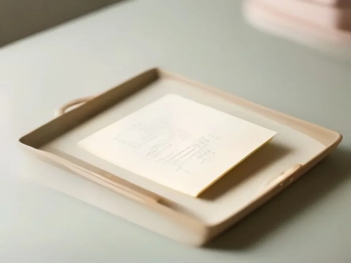 A soft still life of layered paper swatches, color cards and a pencil on warm cream linen.